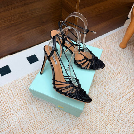 AQUAZZURA 26S LACE-UP HEEL SANDALS 100 MM IN BLACK CALFSKIN