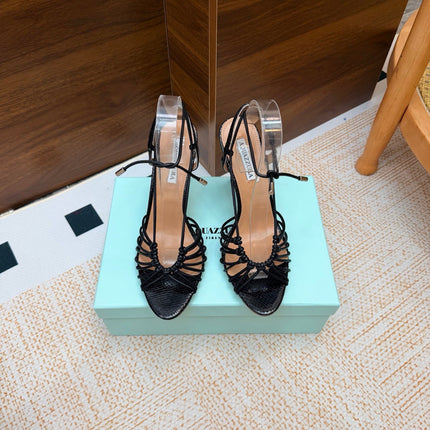 AQUAZZURA 26S LACE-UP HEEL SANDALS 100 MM IN BLACK CALFSKIN