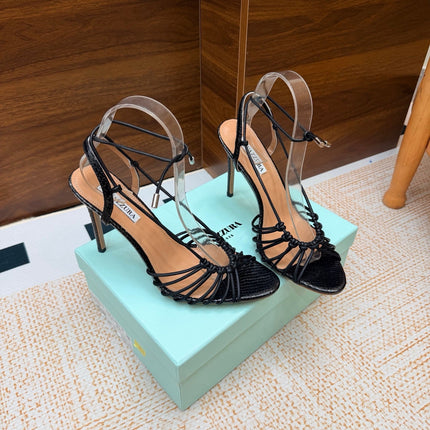AQUAZZURA 26S LACE-UP HEEL SANDALS 100 MM IN BLACK CALFSKIN
