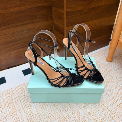 AQUAZZURA 26S LACE-UP HEEL SANDALS 100 MM IN BLACK CALFSKIN