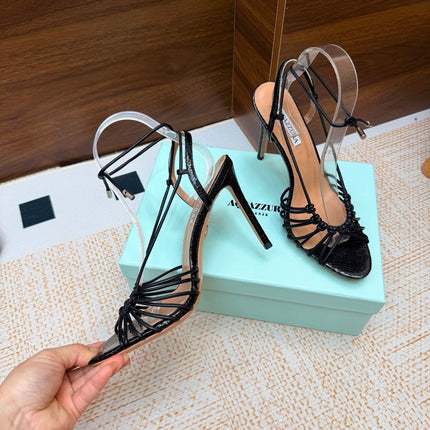 AQUAZZURA 26S LACE-UP HEEL SANDALS 100 MM IN BLACK CALFSKIN