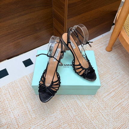 AQUAZZURA 26S LACE-UP HEEL SANDALS 100 MM IN BLACK CALFSKIN