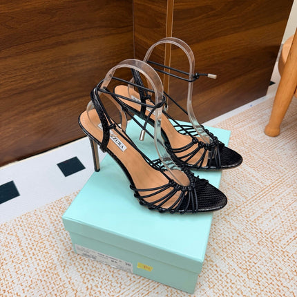 AQUAZZURA 26S LACE-UP HEEL SANDALS 100 MM IN BLACK CALFSKIN