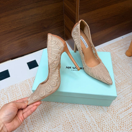 AQUAZZURA 26S HIGH HEELS 100 MM IN BEIGE FABRIC
