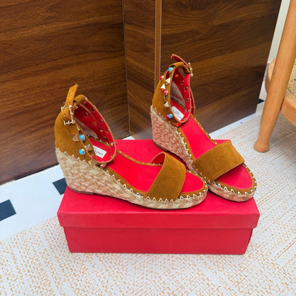 VALENTINO 26S ESPADRILLE WEDGE SANDALS 95 MM IN BROWN SUEDE WITH ROCKSTUDS