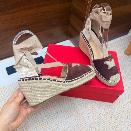 VALENTINO 26S ESPADRILLE WEDGE SANDALS 95 MM IN DARK BROWN SUEDE