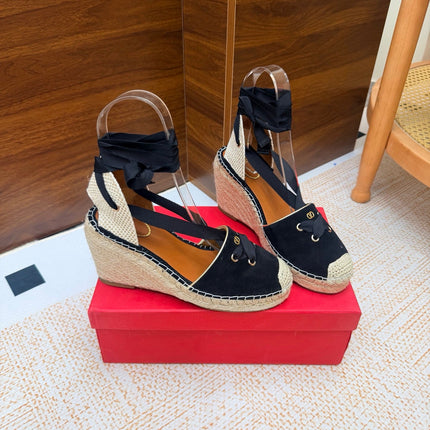 VALENTINO 26S ESPADRILLE WEDGE SANDALS 95 MM IN BLACK SUEDE