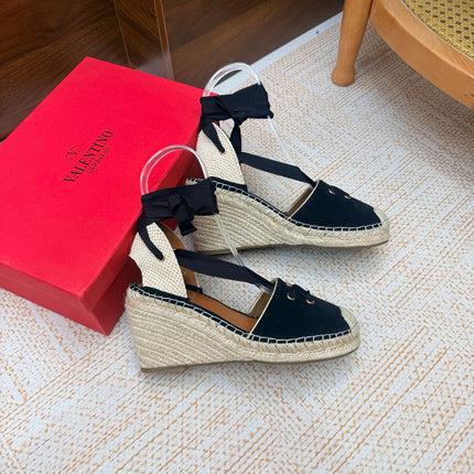 VALENTINO 26S ESPADRILLE WEDGE SANDALS 95 MM IN BLACK SUEDE