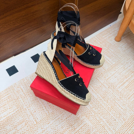 VALENTINO 26S ESPADRILLE WEDGE SANDALS 95 MM IN BLACK SUEDE