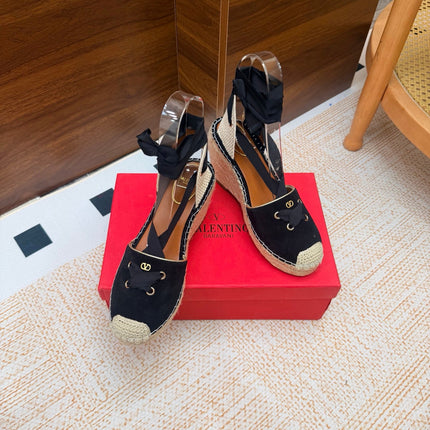 VALENTINO 26S ESPADRILLE WEDGE SANDALS 95 MM IN BLACK SUEDE