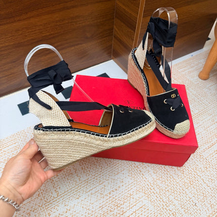VALENTINO 26S ESPADRILLE WEDGE SANDALS 95 MM IN BLACK SUEDE