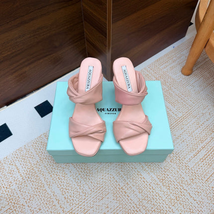 AQUAZZURA 26S TWISTED HEEL SANDALS 85 MM IN LIGHT PINK LAMBSKIN