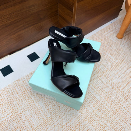 AQUAZZURA 26S TWISTED HEEL SANDALS 85 MM IN BLACK LAMBSKIN