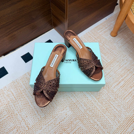 AQUAZZURA 26S CELESTE SANDALS 55 MM IN BRONZE MESH & LEATHER