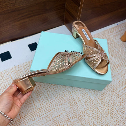 AQUAZZURA 26S CELESTE SANDALS 55 MM IN ROSE GOLD MESH & LEATHER