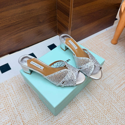 AQUAZZURA 26S CELESTE SANDALS 55 MM IN SILVER MESH & LEATHER