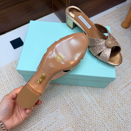 AQUAZZURA 26S CELESTE SLIDE SANDALS 55 MM IN COPPER GOLD CALFSKIN