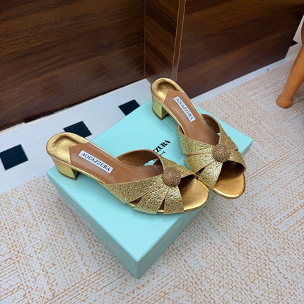 AQUAZZURA 26S CELESTE SLIDE SANDALS 55 MM IN GOLD CALFSKIN