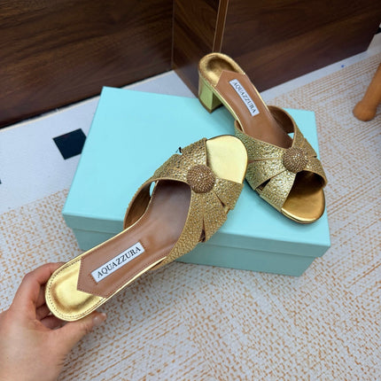 AQUAZZURA 26S CELESTE SLIDE SANDALS 55 MM IN GOLD CALFSKIN