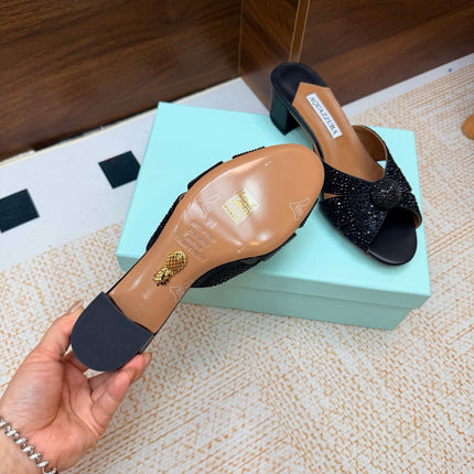 AQUAZZURA 26S CELESTE SLIDE SANDALS 55 MM IN BLACK CALFSKIN STYLE 2
