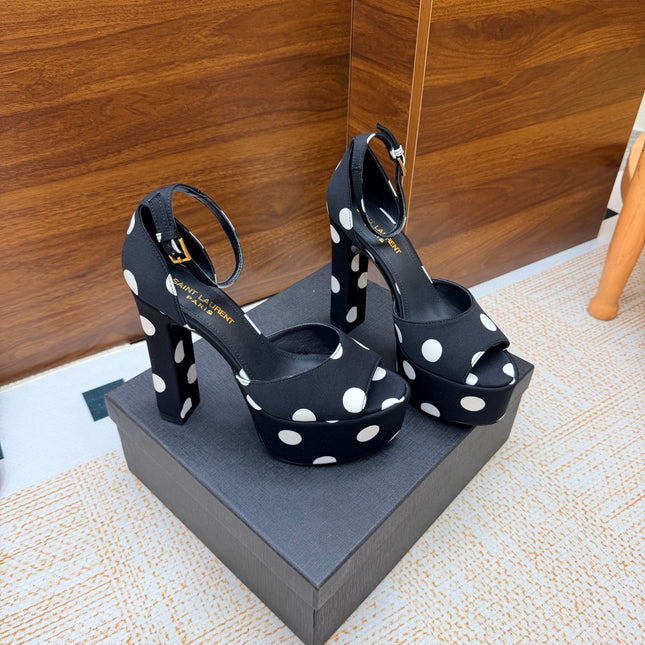 YSL 26S HEEL SANDALS 125 MM IN BLACK & WHITE POLKA-DOT SATIN