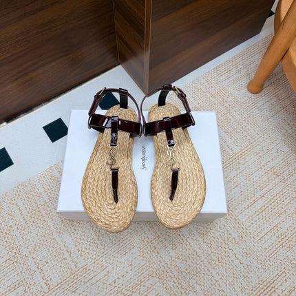 YSL 26S THONG SANDALS IN BEIGE RAFFIA AND DARK RED GLOSSY CALFSKIN
