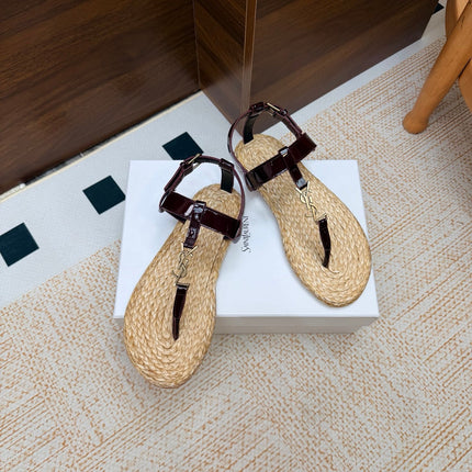 YSL 26S THONG SANDALS IN BEIGE RAFFIA AND DARK RED GLOSSY CALFSKIN