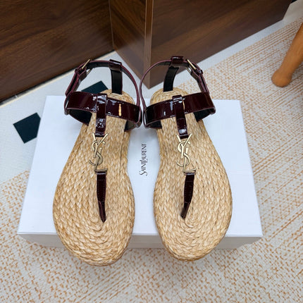 YSL 26S THONG SANDALS IN BEIGE RAFFIA AND DARK RED GLOSSY CALFSKIN
