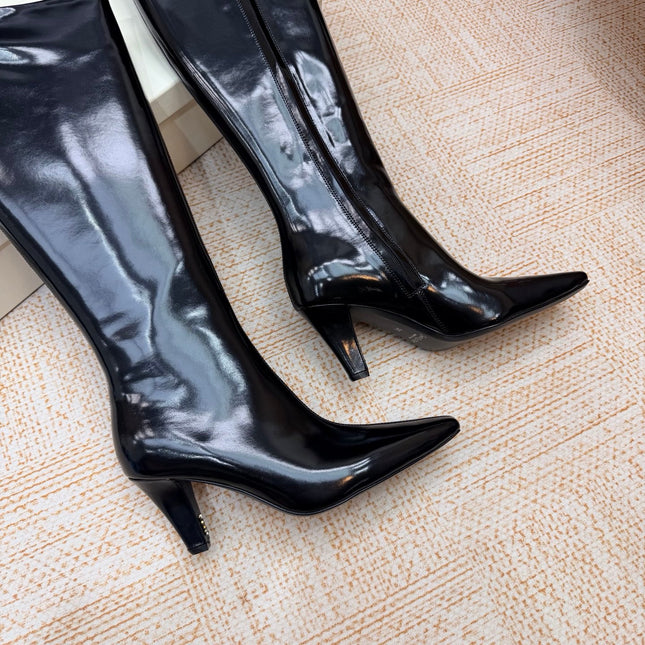 YSL 26S KNEE-HIGH BOOTS 70 MM IN BLACK GLOSSY CALFSKIN