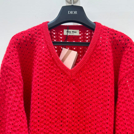 MIUMIU 26S V-NECK OPENWORK KNIT SWEATER 1429