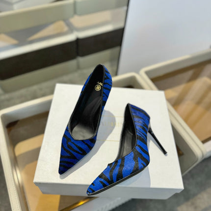 BALMAIN 25S HIGH HEELS 95MM IN BLUE AND BLACK ZEBRA PRINT CALFSKIN