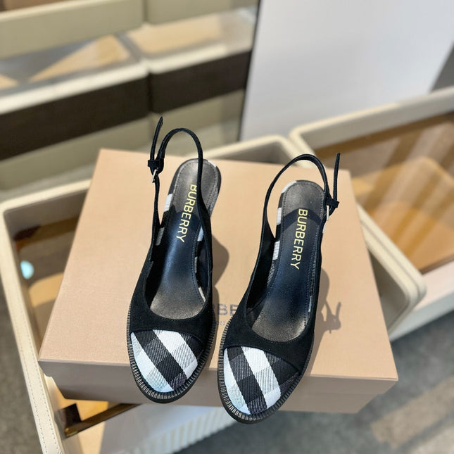 BURBERRY 26S VINTAGE CHECK TOE SLINGBACK BLOCK HEELS 95MM IN BLACK SUEDE