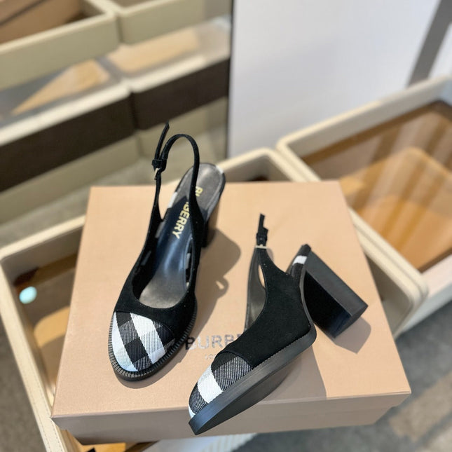 BURBERRY 26S VINTAGE CHECK TOE SLINGBACK BLOCK HEELS 95MM IN BLACK SUEDE