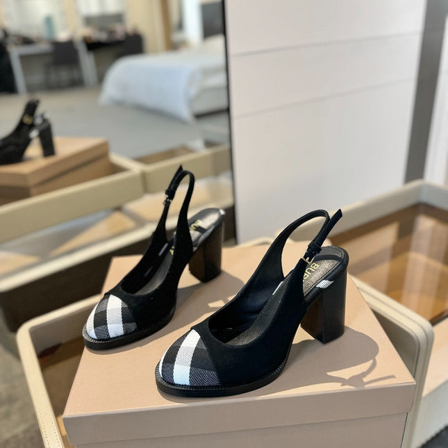 BURBERRY 26S VINTAGE CHECK TOE SLINGBACK BLOCK HEELS 95MM IN BLACK SUEDE