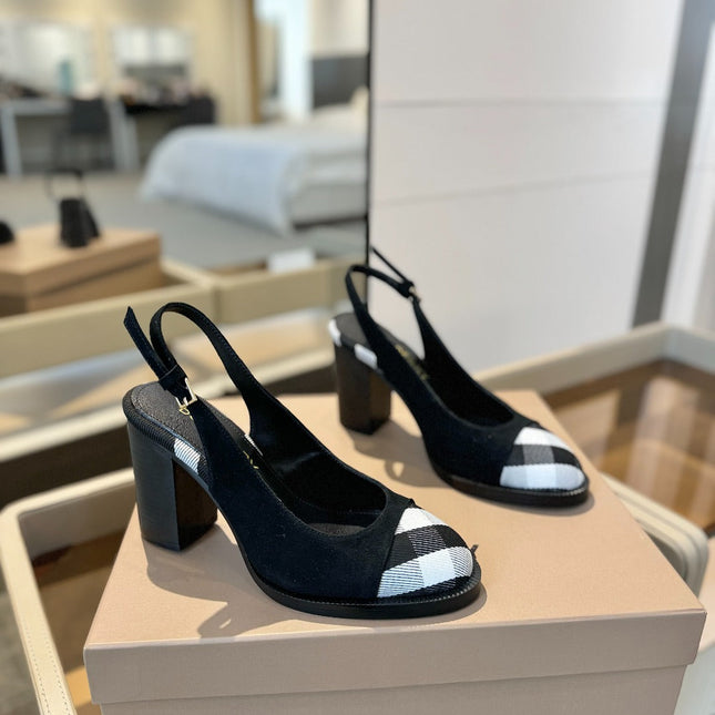 BURBERRY 26S VINTAGE CHECK TOE SLINGBACK BLOCK HEELS 95MM IN BLACK SUEDE