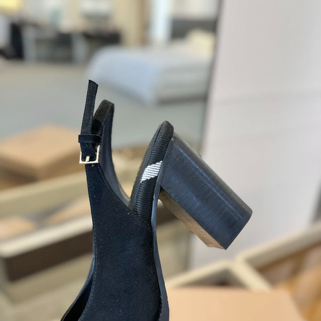 BURBERRY 26S VINTAGE CHECK TOE SLINGBACK BLOCK HEELS 95MM IN BLACK SUEDE