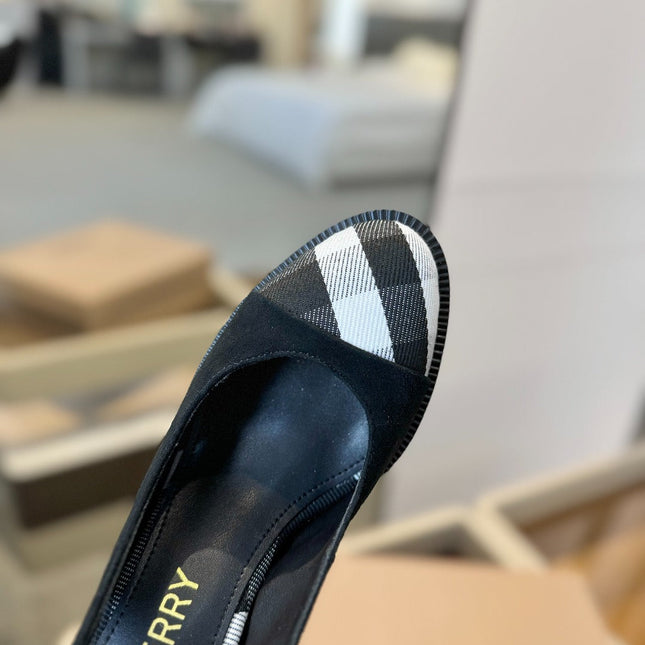 BURBERRY 26S VINTAGE CHECK TOE SLINGBACK BLOCK HEELS 95MM IN BLACK SUEDE