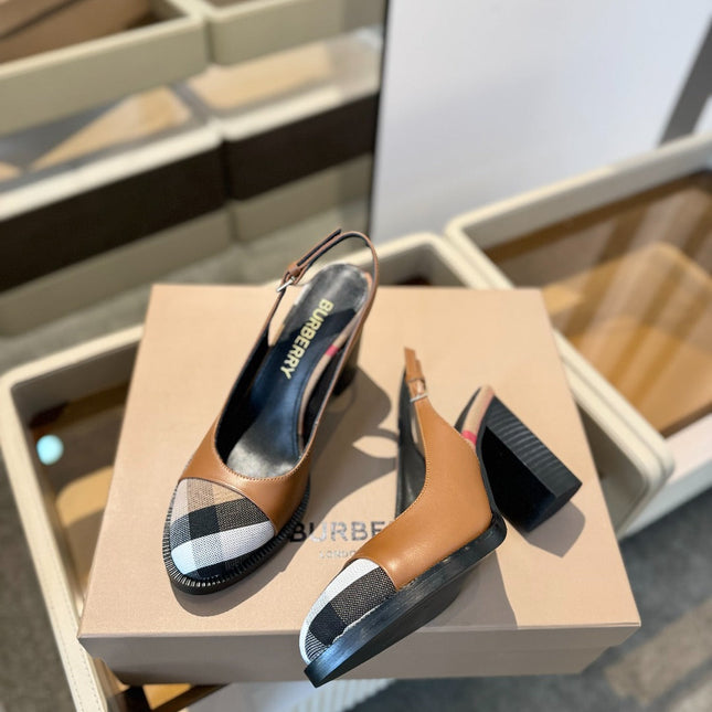 BURBERRY 26S VINTAGE CHECK TOE SLINGBACK BLOCK HEELS 95MM IN BROWN CALFSKIN