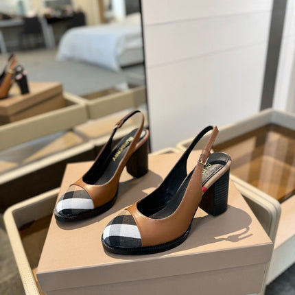 BURBERRY 26S VINTAGE CHECK TOE SLINGBACK BLOCK HEELS 95MM IN BROWN CALFSKIN