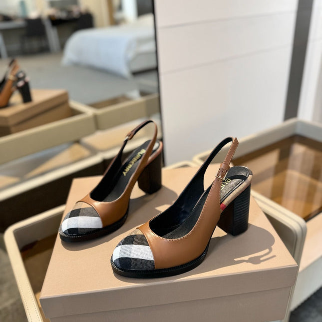 BURBERRY 26S VINTAGE CHECK TOE SLINGBACK BLOCK HEELS 95MM IN BROWN CALFSKIN