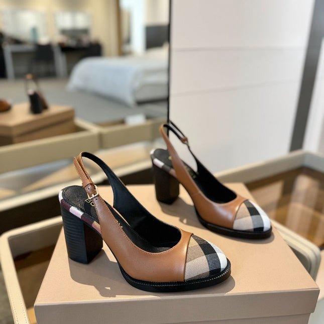 BURBERRY 26S VINTAGE CHECK TOE SLINGBACK BLOCK HEELS 95MM IN BROWN CALFSKIN