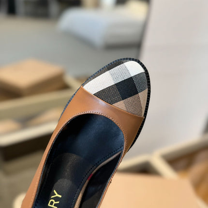 BURBERRY 26S VINTAGE CHECK TOE SLINGBACK BLOCK HEELS 95MM IN BROWN CALFSKIN