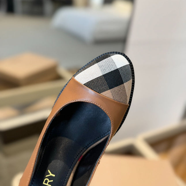 BURBERRY 26S VINTAGE CHECK TOE SLINGBACK BLOCK HEELS 95MM IN BROWN CALFSKIN