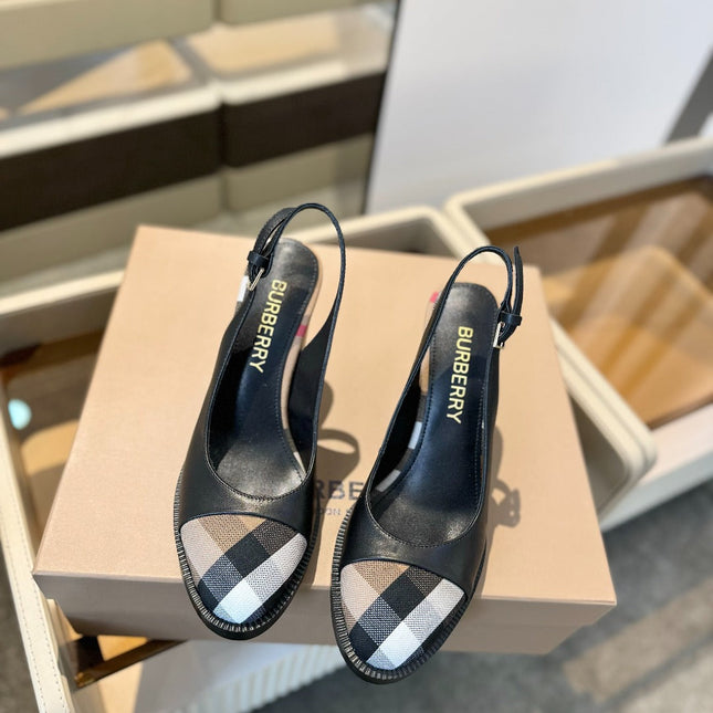 BURBERRY 26S VINTAGE CHECK TOE SLINGBACK BLOCK HEELS 95MM IN BLACK CALFSKIN