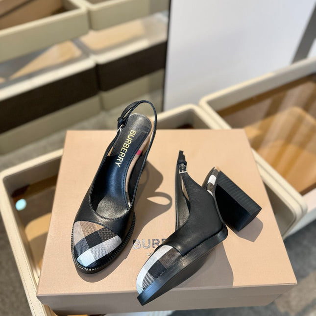 BURBERRY 26S VINTAGE CHECK TOE SLINGBACK BLOCK HEELS 95MM IN BLACK CALFSKIN