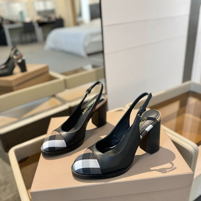 BURBERRY 26S VINTAGE CHECK TOE SLINGBACK BLOCK HEELS 95MM IN BLACK CALFSKIN