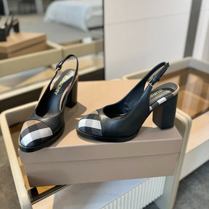 BURBERRY 26S VINTAGE CHECK TOE SLINGBACK BLOCK HEELS 95MM IN BLACK CALFSKIN