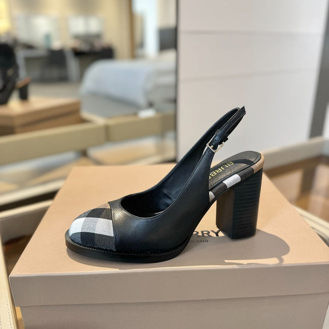 BURBERRY 26S VINTAGE CHECK TOE SLINGBACK BLOCK HEELS 95MM IN BLACK CALFSKIN