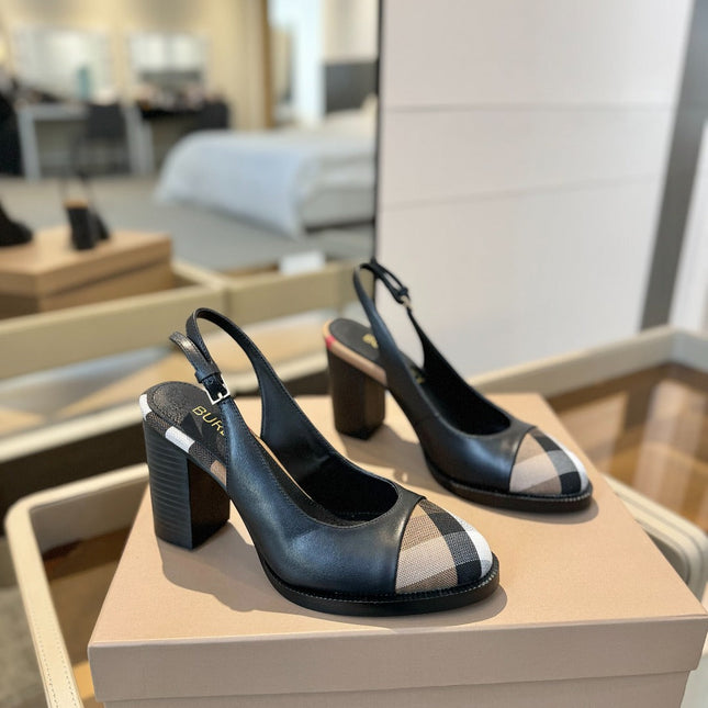 BURBERRY 26S VINTAGE CHECK TOE SLINGBACK BLOCK HEELS 95MM IN BLACK CALFSKIN