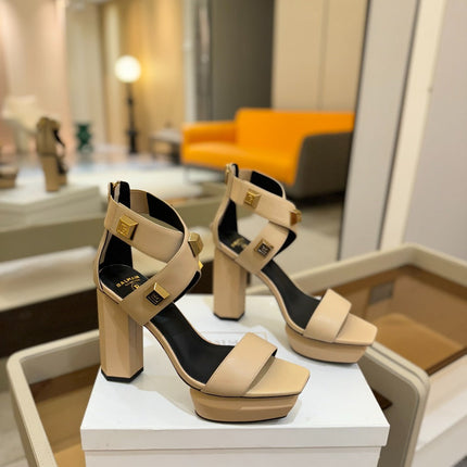 BALMAIN 25S WEDGE HEELS 105MM IN BEIGE CALFSKIN GOLD HARDWARE